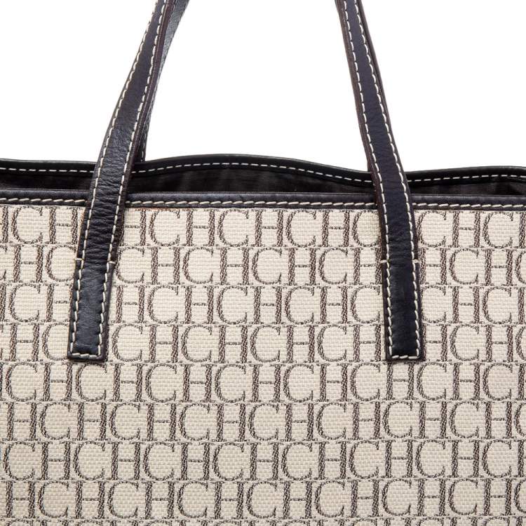Pre Owned CH Carolina Herrera Beige/Brown Monogram Canvas and Leather Tote
