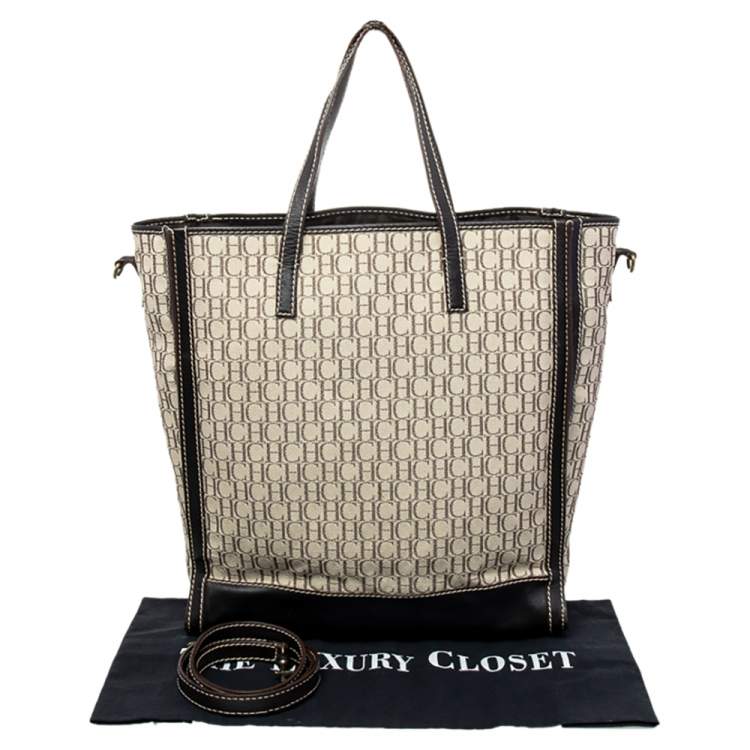 Pre Owned CH Carolina Herrera Beige/Brown Monogram Canvas and Leather Tote