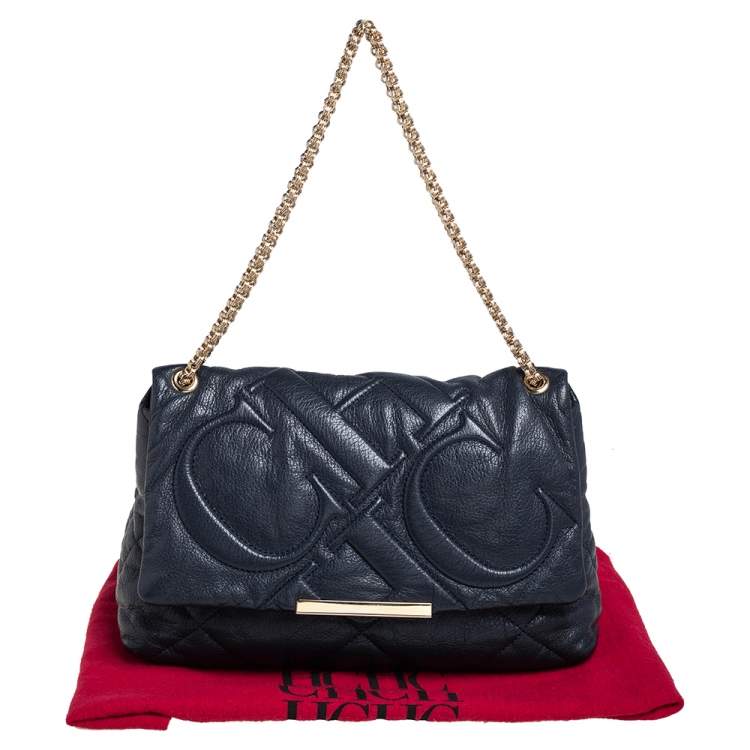 Pre Owned CH Carolina Herrera Black CH Embossed Leather Flap Chain Shoulder Bag
