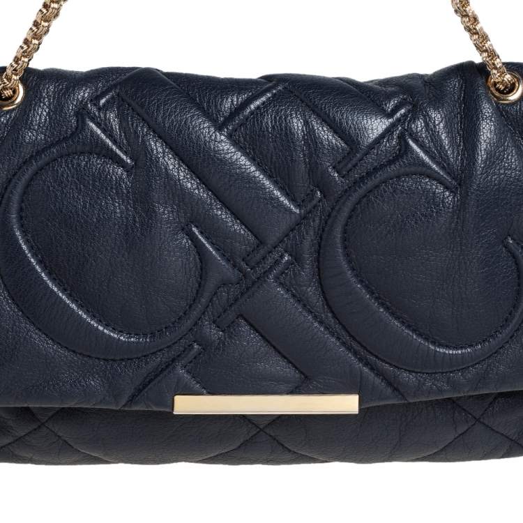 Pre Owned CH Carolina Herrera Black CH Embossed Leather Flap Chain Shoulder Bag