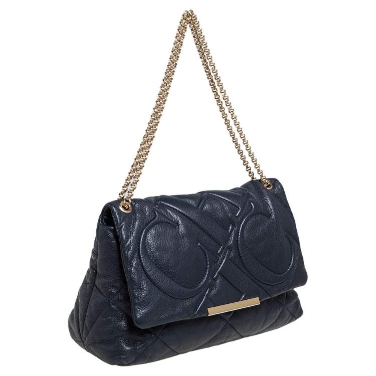 Pre Owned CH Carolina Herrera Black CH Embossed Leather Flap Chain Shoulder Bag