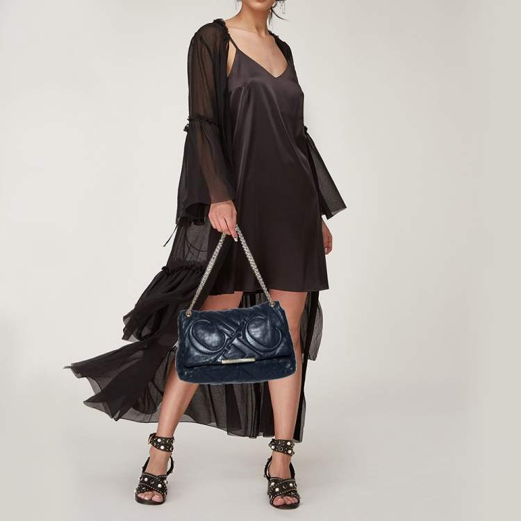 Pre Owned CH Carolina Herrera Black CH Embossed Leather Flap Chain Shoulder Bag