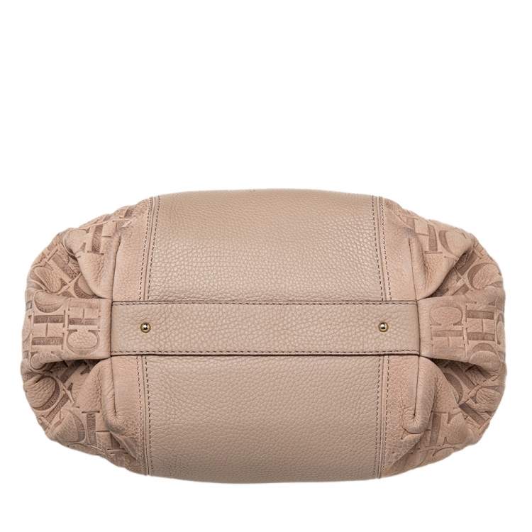 Pre Owned CH Carolina Herrera Beige Monogram Leather Dahlia Satchel