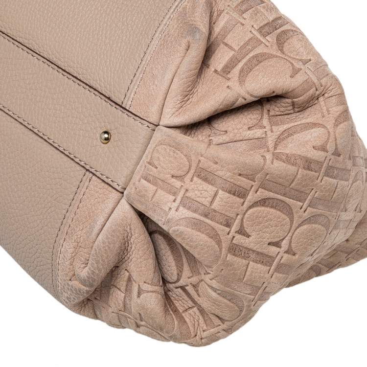 Pre Owned CH Carolina Herrera Beige Monogram Leather Dahlia Satchel
