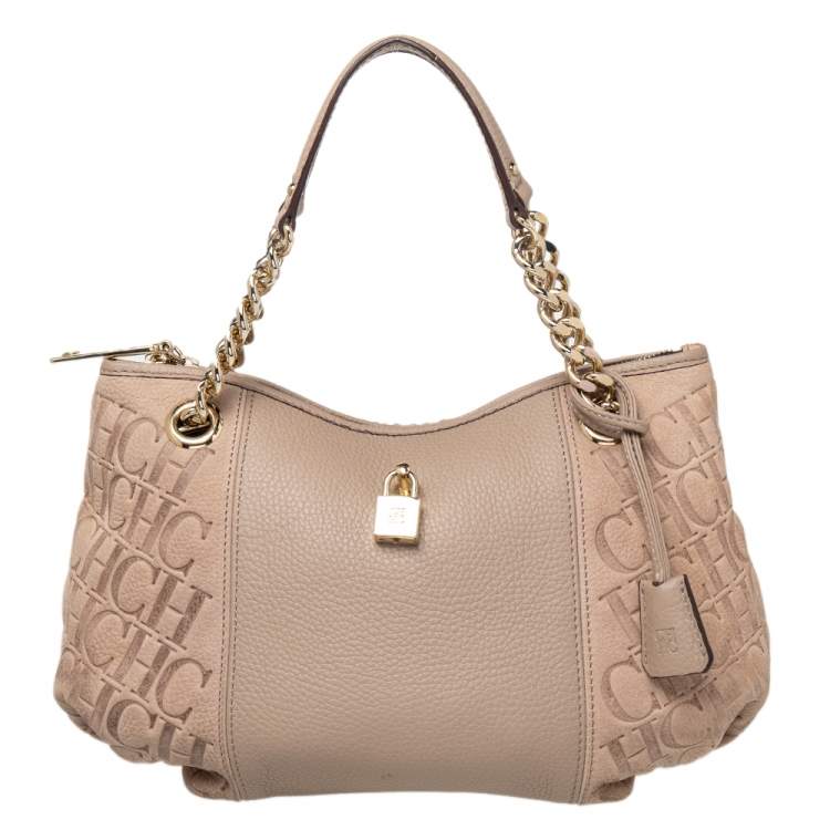 Pre Owned CH Carolina Herrera Beige Monogram Leather Dahlia Satchel