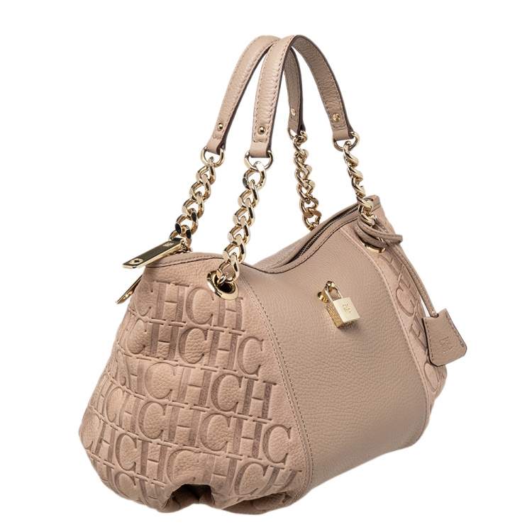 Pre Owned CH Carolina Herrera Beige Monogram Leather Dahlia Satchel