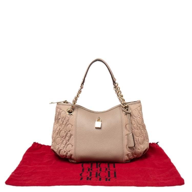 Pre Owned CH Carolina Herrera Beige Monogram Leather Dahlia Satchel