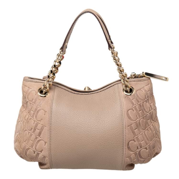 Pre Owned CH Carolina Herrera Beige Monogram Leather Dahlia Satchel
