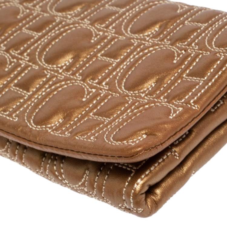 Pre Owned CH Carolina Herrera Gold Monogram Leather Clutch