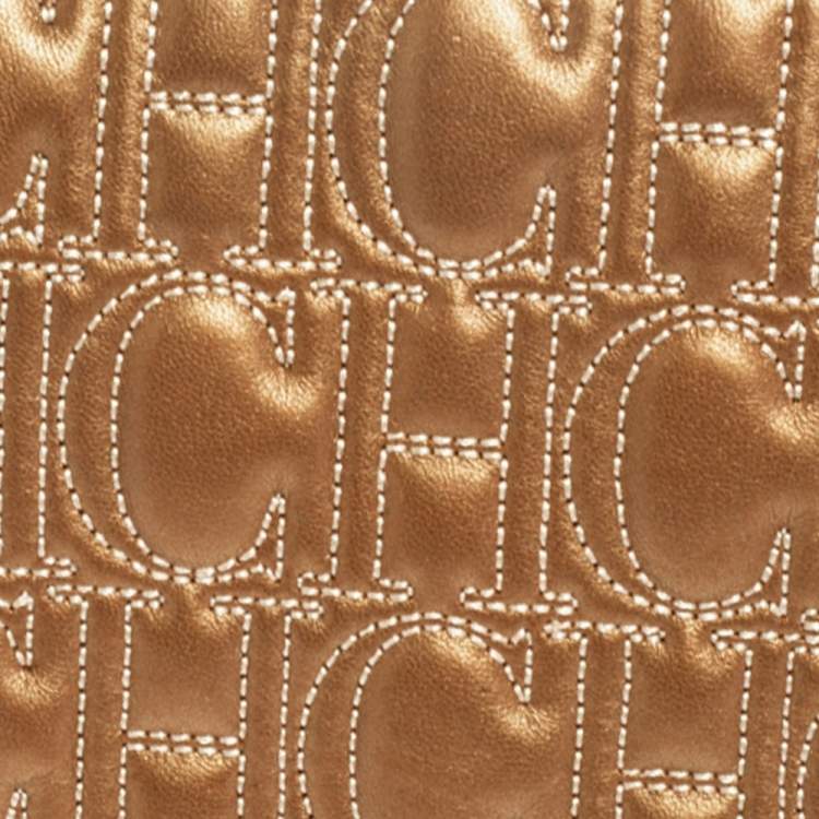 Pre Owned CH Carolina Herrera Gold Monogram Leather Clutch