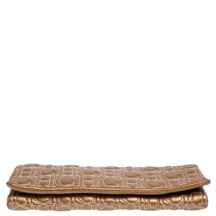 Pre Owned CH Carolina Herrera Gold Monogram Leather Clutch