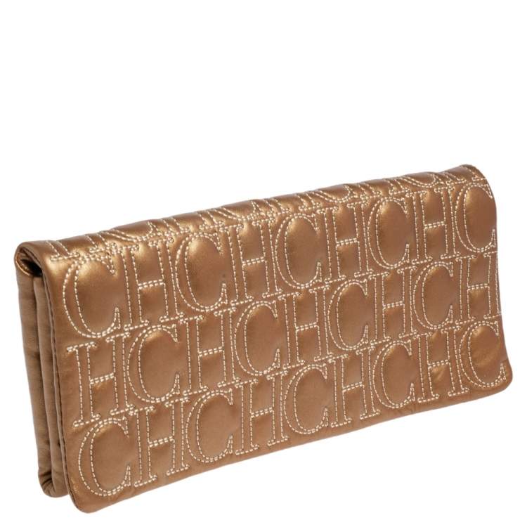 Pre Owned CH Carolina Herrera Gold Monogram Leather Clutch