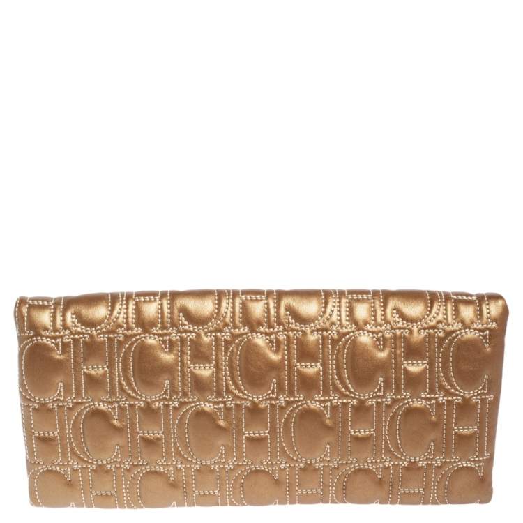 Pre Owned CH Carolina Herrera Gold Monogram Leather Clutch
