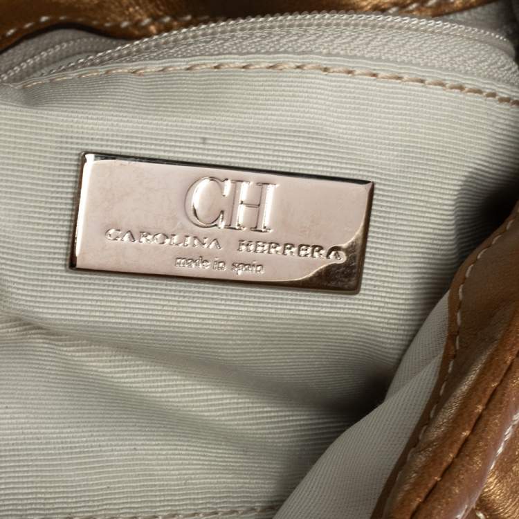 Pre Owned CH Carolina Herrera Gold Monogram Leather Clutch