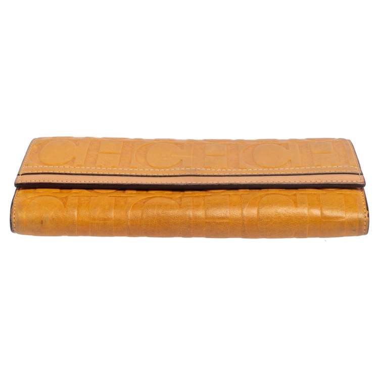 Pre Owned CH Carolina Herrera Yellow Monogram Leather Continental Wallet