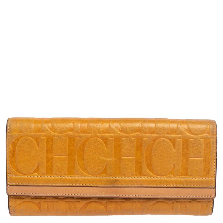 Pre Owned CH Carolina Herrera Yellow Monogram Leather Continental Wallet
