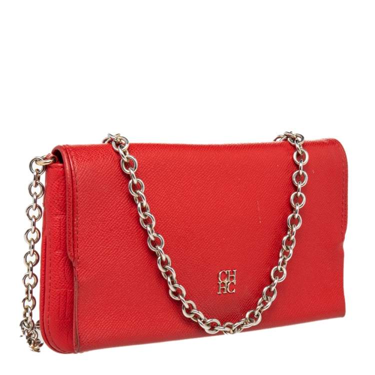 Pre Owned CH Carolina Herrera Red Monogram Leather Crossbody Bag