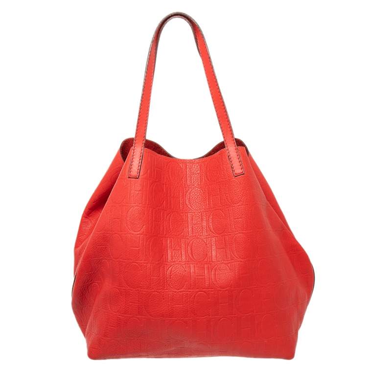 Pre Owned Carolina Herrera Red Monogram Leather Matryoshka Tote