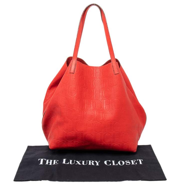 Pre Owned Carolina Herrera Red Monogram Leather Matryoshka Tote