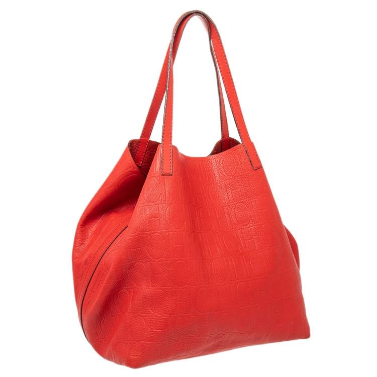 Pre Owned Carolina Herrera Red Monogram Leather Matryoshka Tote