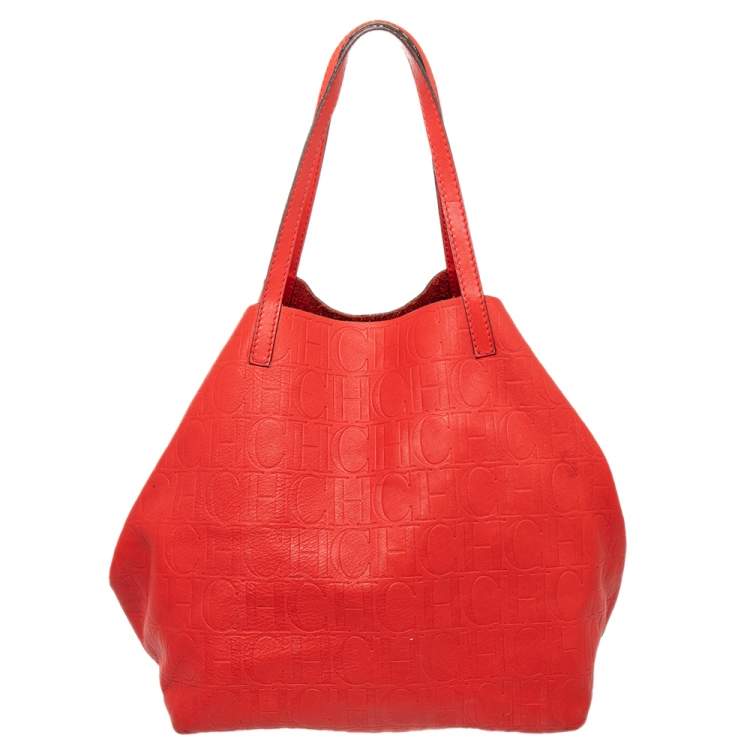 Pre Owned Carolina Herrera Red Monogram Leather Matryoshka Tote
