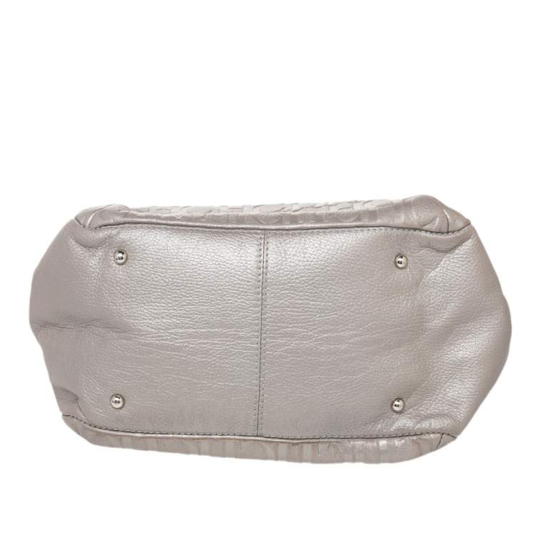 Pre Owned Carolina Herrera Metallic Grey Monogram Leather Audrey Tote