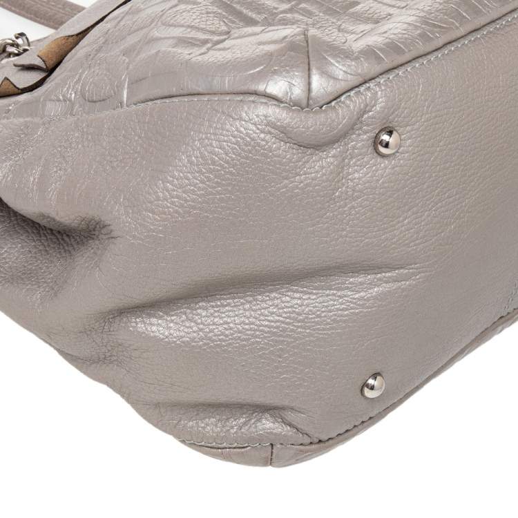 Pre Owned Carolina Herrera Metallic Grey Monogram Leather Audrey Tote