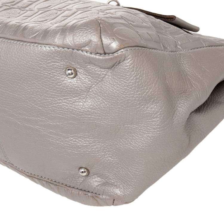 Pre Owned Carolina Herrera Metallic Grey Monogram Leather Audrey Tote
