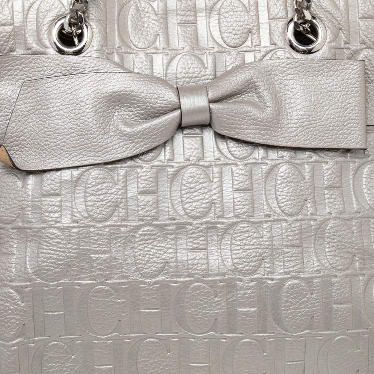 Pre Owned Carolina Herrera Metallic Grey Monogram Leather Audrey Tote