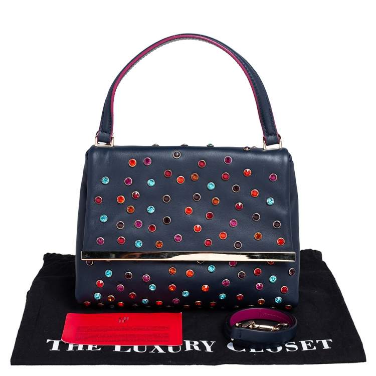Pre Owned CH Carolina Herrera Navy Blue Leather Studded Top Handle Bag