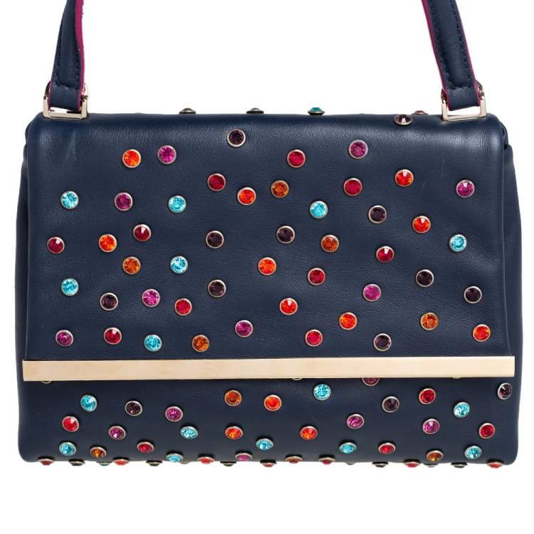 Pre Owned CH Carolina Herrera Navy Blue Leather Studded Top Handle Bag