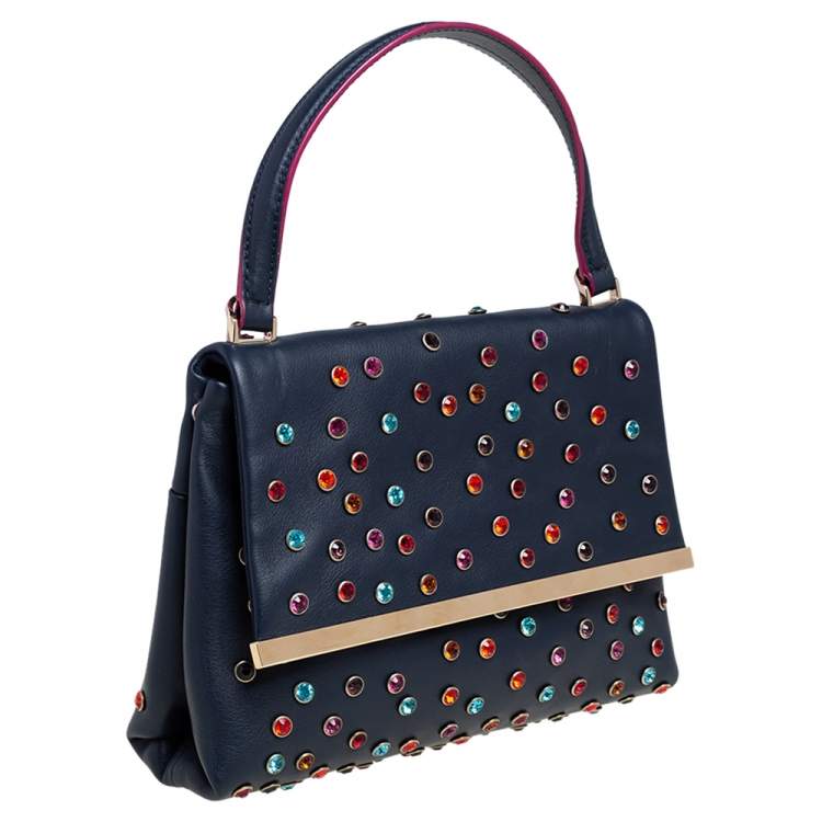 Pre Owned CH Carolina Herrera Navy Blue Leather Studded Top Handle Bag