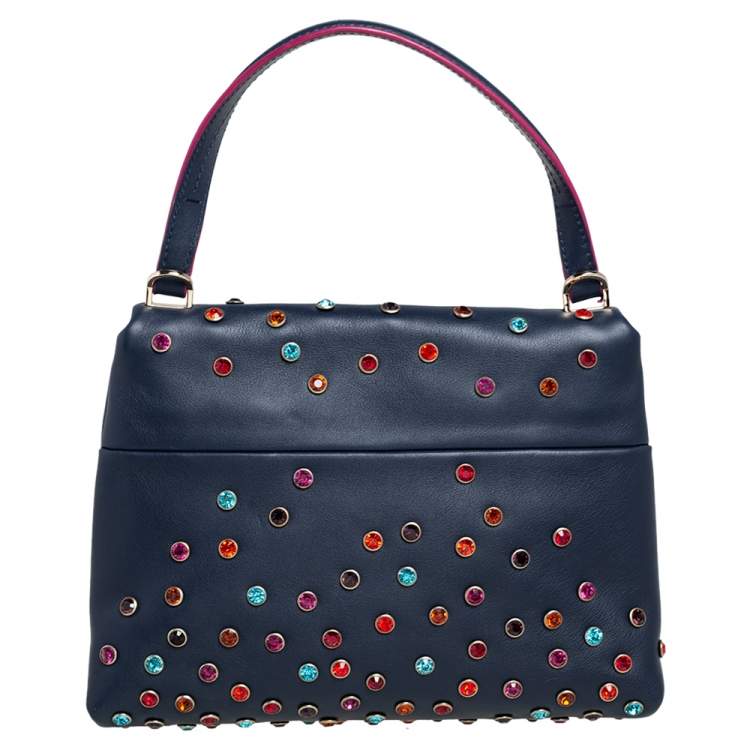 Pre Owned CH Carolina Herrera Navy Blue Leather Studded Top Handle Bag