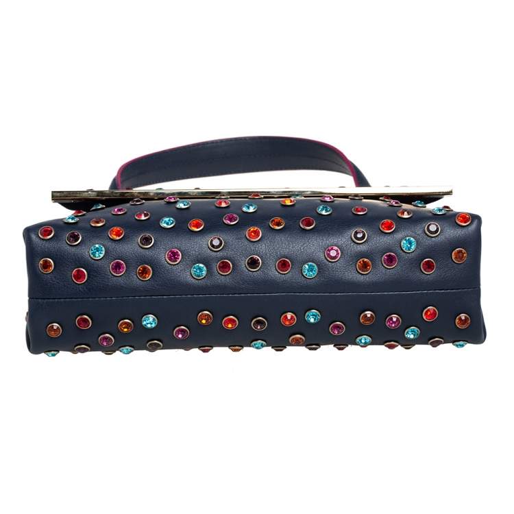 Pre Owned CH Carolina Herrera Navy Blue Leather Studded Top Handle Bag