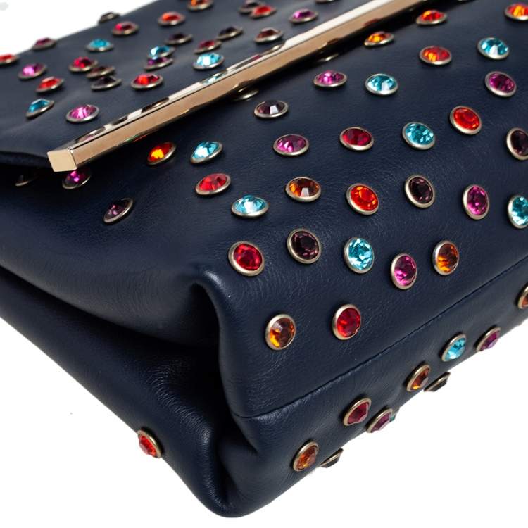 Pre Owned CH Carolina Herrera Navy Blue Leather Studded Top Handle Bag