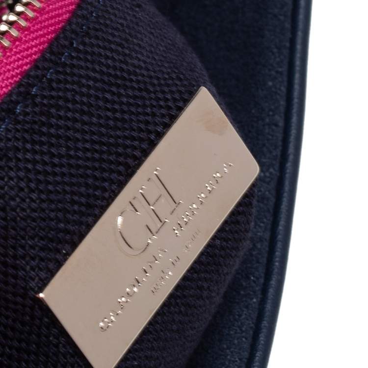 Pre Owned CH Carolina Herrera Navy Blue Leather Studded Top Handle Bag