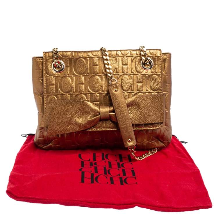 Pre Owned CH Carolina Herrera Gold Monogram Leather Audrey Shoulder Bag