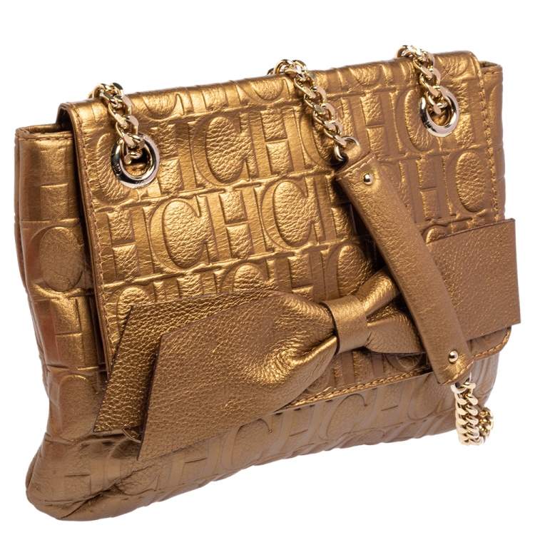 Pre Owned CH Carolina Herrera Gold Monogram Leather Audrey Shoulder Bag