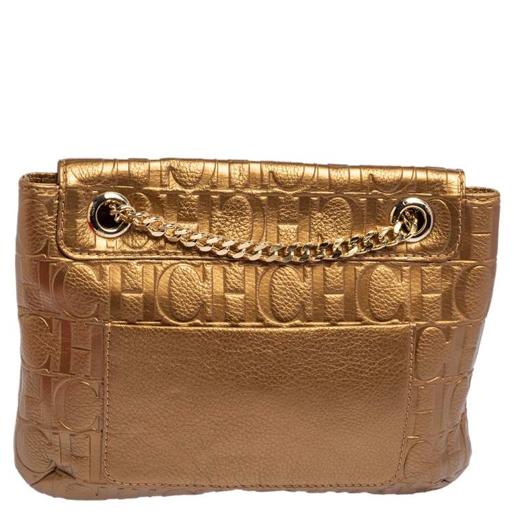 Pre Owned CH Carolina Herrera Gold Monogram Leather Audrey Shoulder Bag