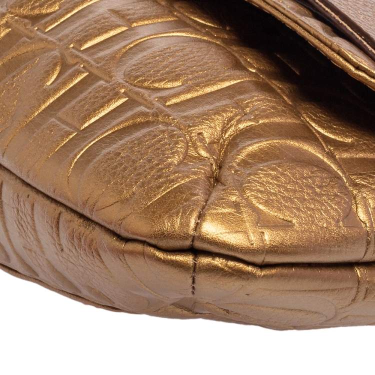 Pre Owned CH Carolina Herrera Gold Monogram Leather Audrey Shoulder Bag