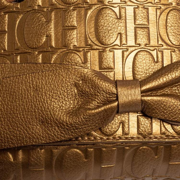 Pre Owned CH Carolina Herrera Gold Monogram Leather Audrey Shoulder Bag