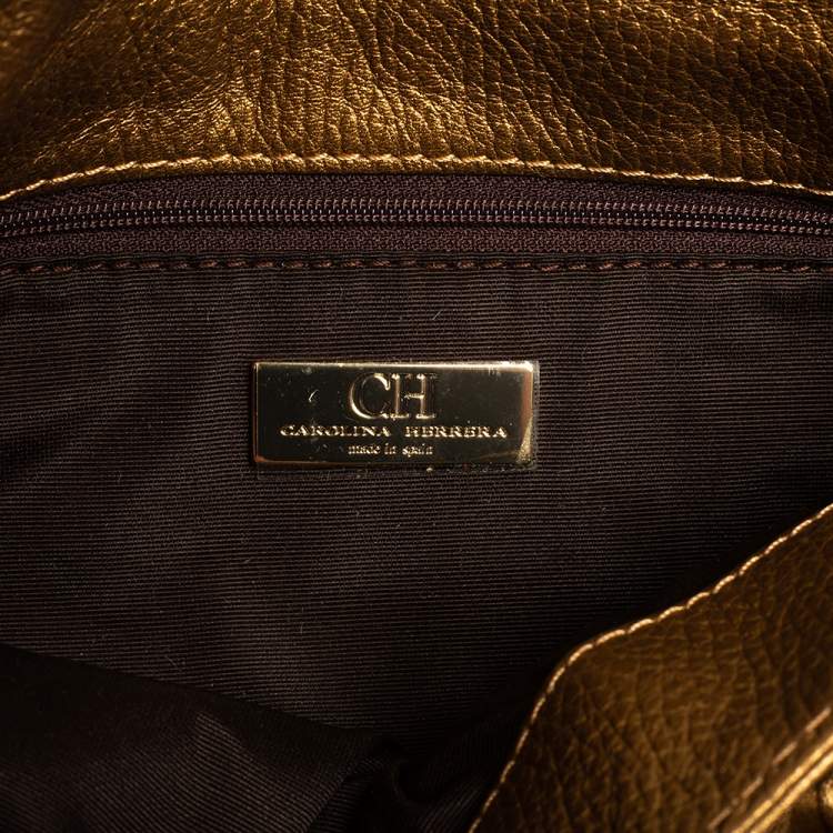 Pre Owned CH Carolina Herrera Gold Monogram Leather Audrey Shoulder Bag