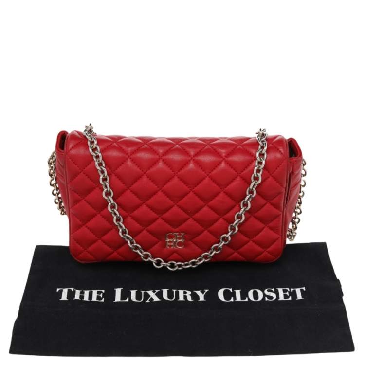 Pre Owned CH Carolina Herrera Red Quilted Leather Flap Crossbody Bag