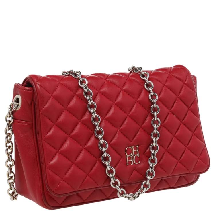 Pre Owned CH Carolina Herrera Red Quilted Leather Flap Crossbody Bag