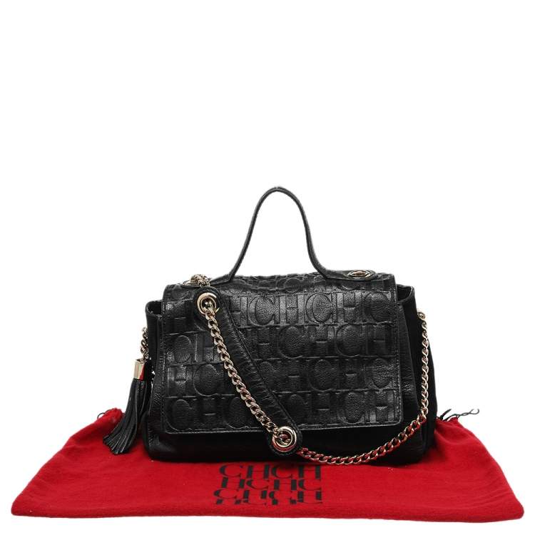 Pre Owned CH Carolina Herrera Black Monogram Leather Flap Top Handle Bag