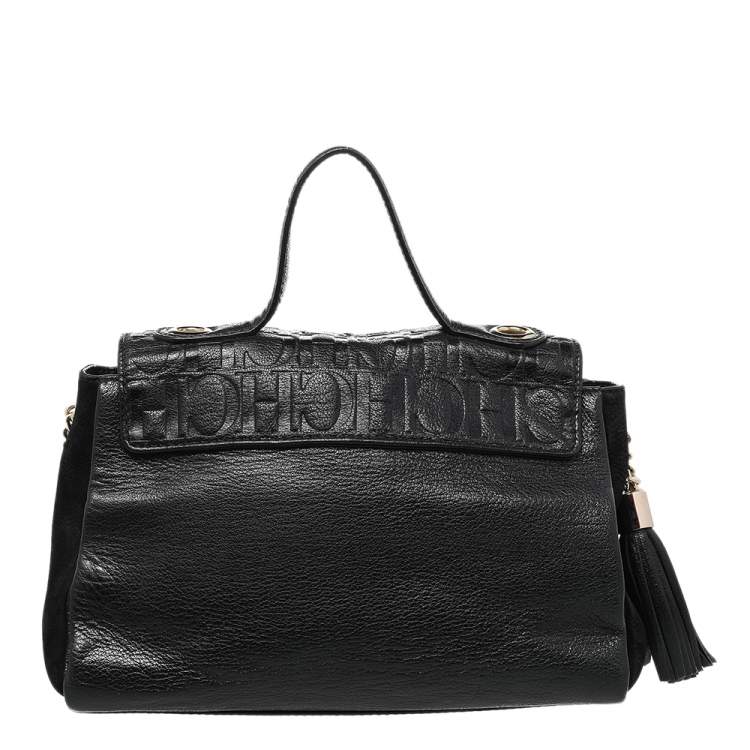 Pre Owned CH Carolina Herrera Black Monogram Leather Flap Top Handle Bag