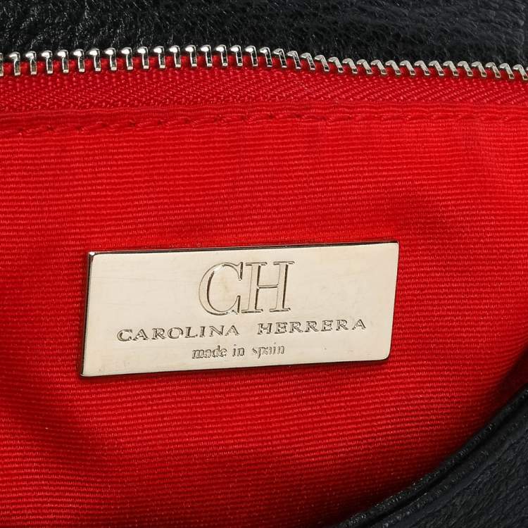 Pre Owned CH Carolina Herrera Black Monogram Leather Flap Top Handle Bag