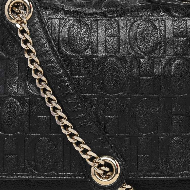 Pre Owned CH Carolina Herrera Black Monogram Leather Flap Top Handle Bag