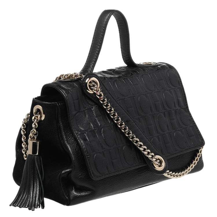 Pre Owned CH Carolina Herrera Black Monogram Leather Flap Top Handle Bag