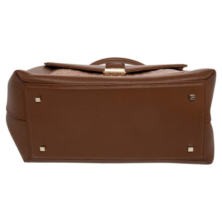 Pre Owned CH Carolina Herrera Brown Monogram Leather Top Handle Bag